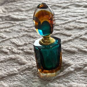 Vintage Emerald & Amber Glass Perfume Bottle with Faceted Stopper